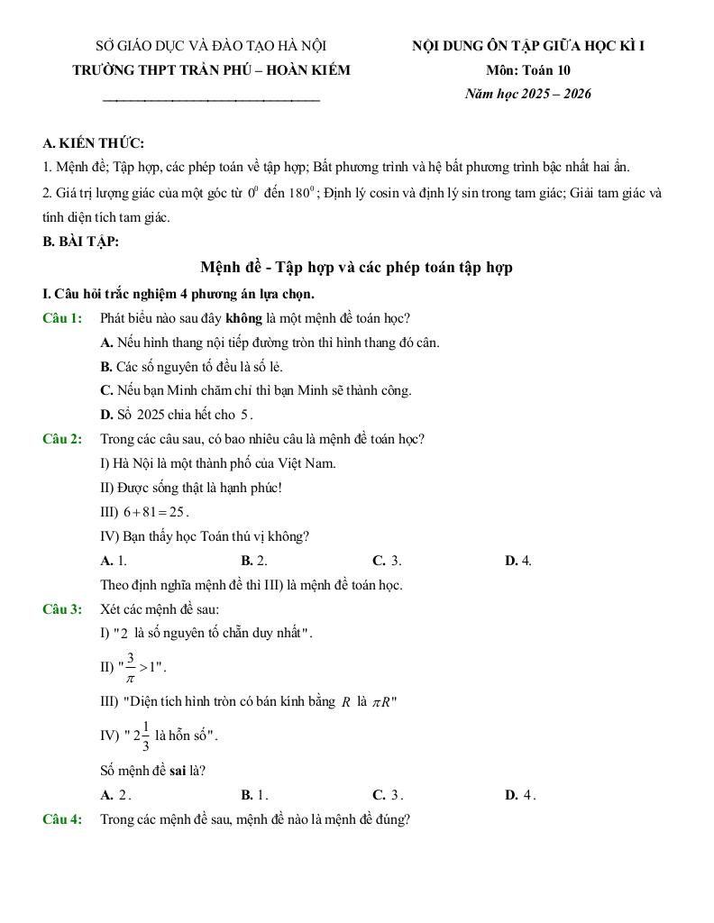ôn tập giữa học kì 1 toán 10 năm 2025 – 2026 trường thpt trần phú – hà nội 0