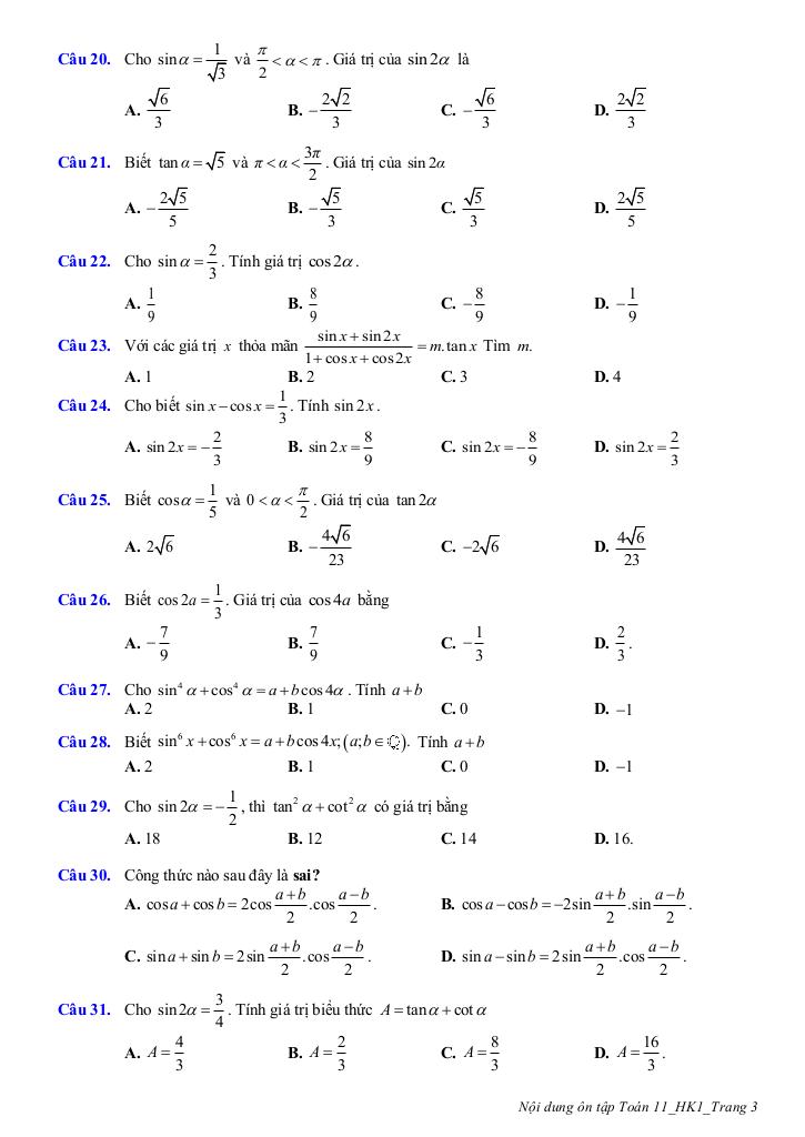 ôn tập giữa học kì 1 toán 11 năm 2025 – 2026 trường thpt trần phú – hà nội 2