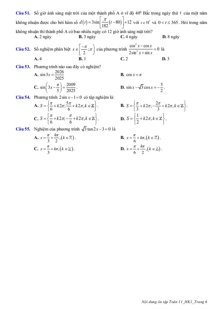 ôn tập giữa học kì 1 toán 11 năm 2025 – 2026 trường thpt trần phú – hà nội 5