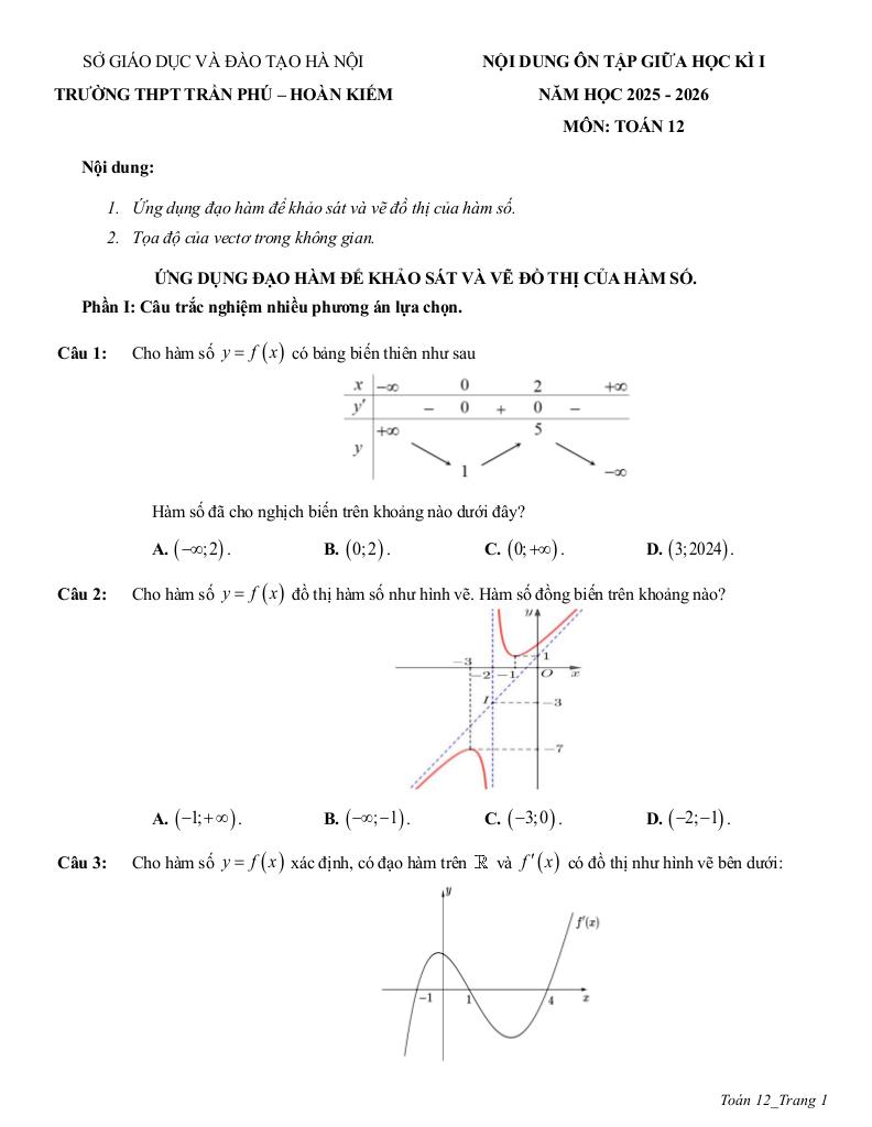 ôn tập giữa học kì 1 toán 12 năm 2025 – 2026 trường thpt trần phú – hà nội 0
