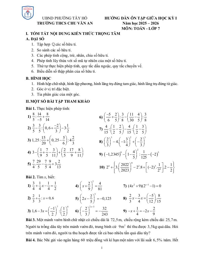 ôn tập giữa học kỳ 1 toán 7 năm 2025 – 2026 trường thcs chu văn an – hà nội 0