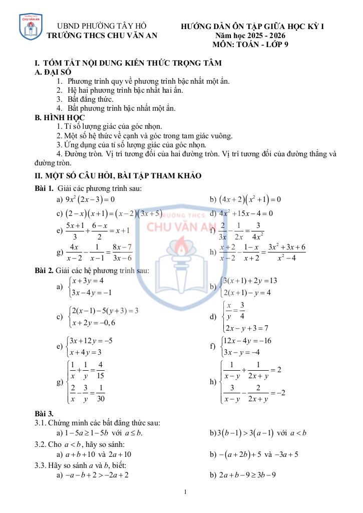 ôn tập giữa học kỳ 1 toán 9 năm 2025 – 2026 trường thcs chu văn an – hà nội 0