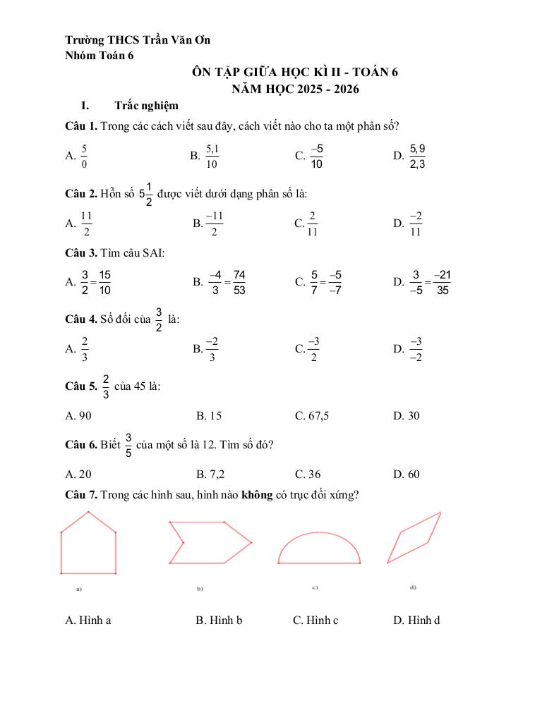 ôn tập giữa kì 2 toán 6 năm 2025 – 2026 trường thcs trần văn ơn – tp hcm - hình 1