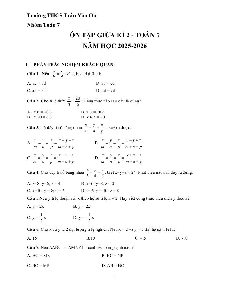 ôn tập giữa kì 2 toán 7 năm 2025 – 2026 trường thcs trần văn ơn – tp hcm - hình 1