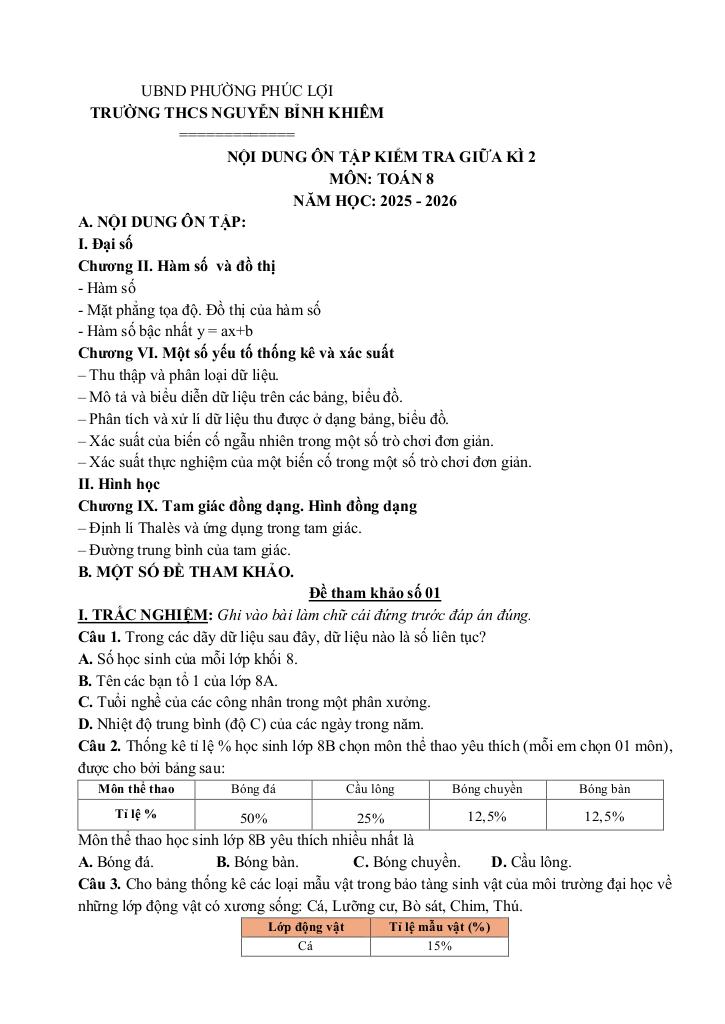 ôn tập giữa kì 2 toán 8 năm 2025 – 2026 trường thcs nguyễn bỉnh khiêm – hà nội - hình 1