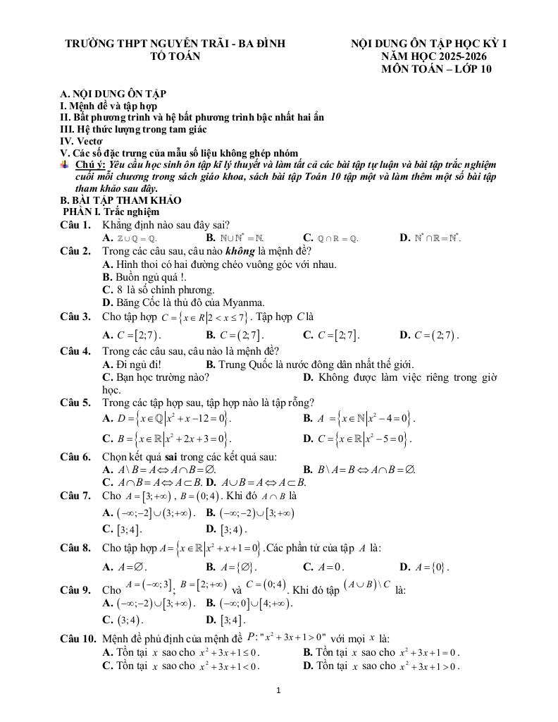 ôn tập học kỳ 1 toán 10 năm 2025 – 2026 trường thpt nguyễn trãi – hà nội - hình 1
