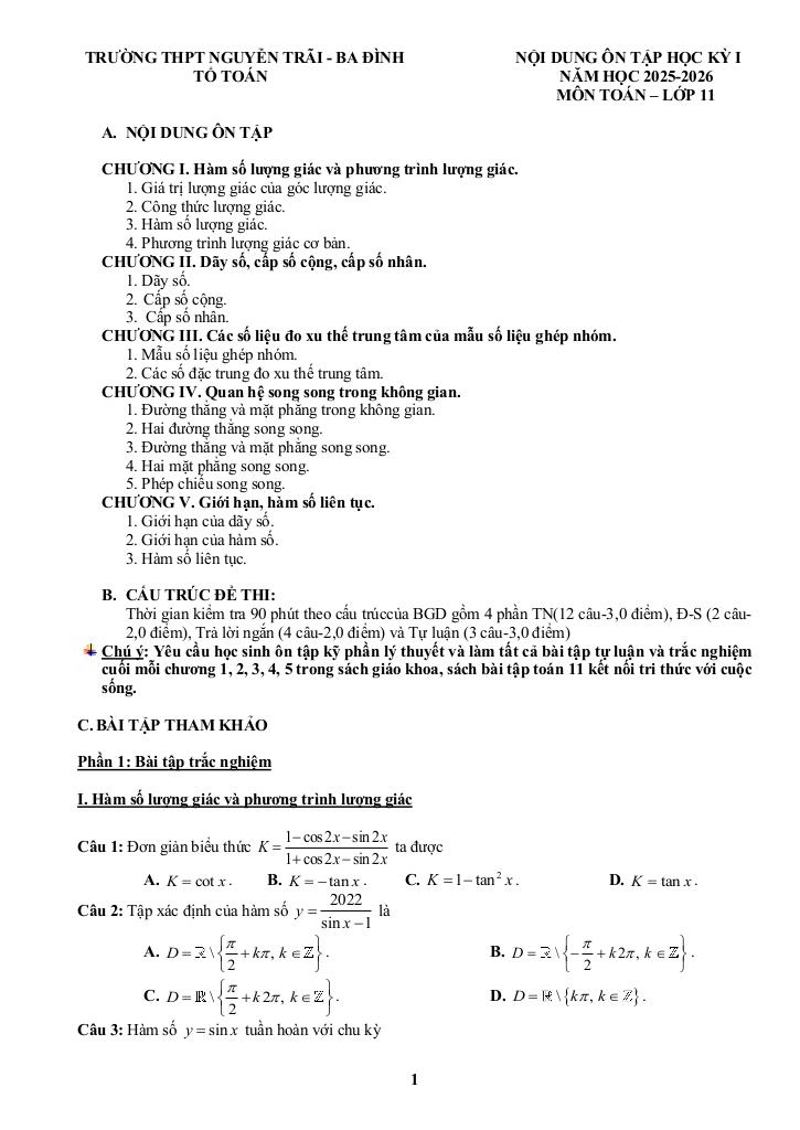 ôn tập học kỳ 1 toán 11 năm 2025 – 2026 trường thpt nguyễn trãi – hà nội - hình 1