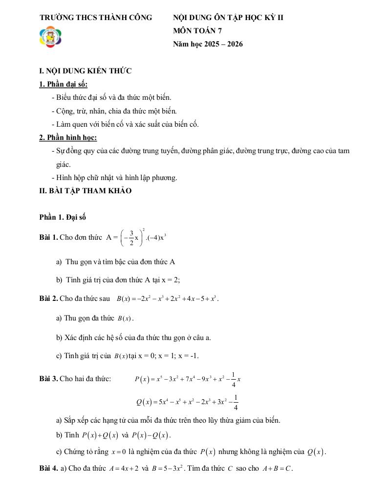 ôn tập học kỳ 2 toán 7 năm 2025 – 2026 trường thcs thành công – hà nội - hình 1