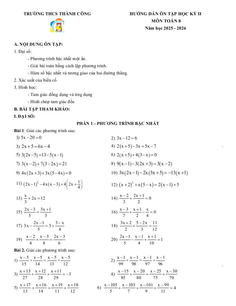 ôn tập học kỳ 2 toán 8 năm 2025 – 2026 trường thcs thành công – hà nội - hình 1