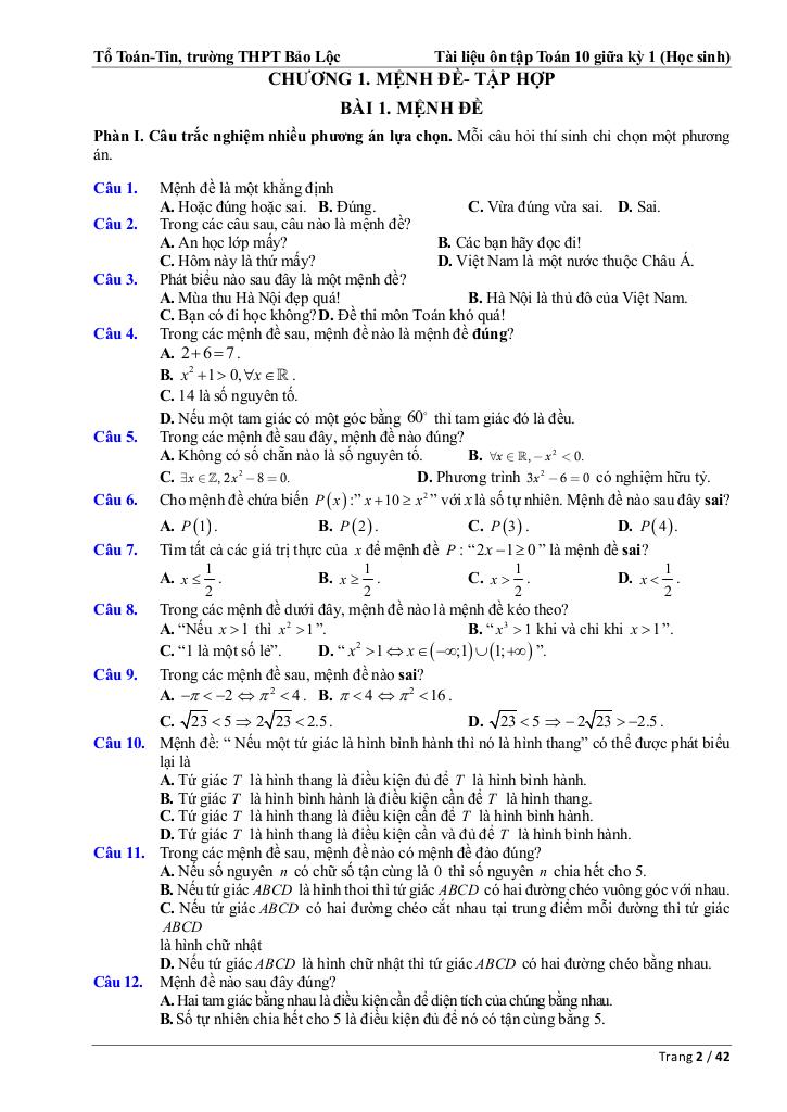 ôn tập toán 10 giữa kỳ 1 năm 2025 – 2026 trường thpt bảo lộc – lâm đồng 1