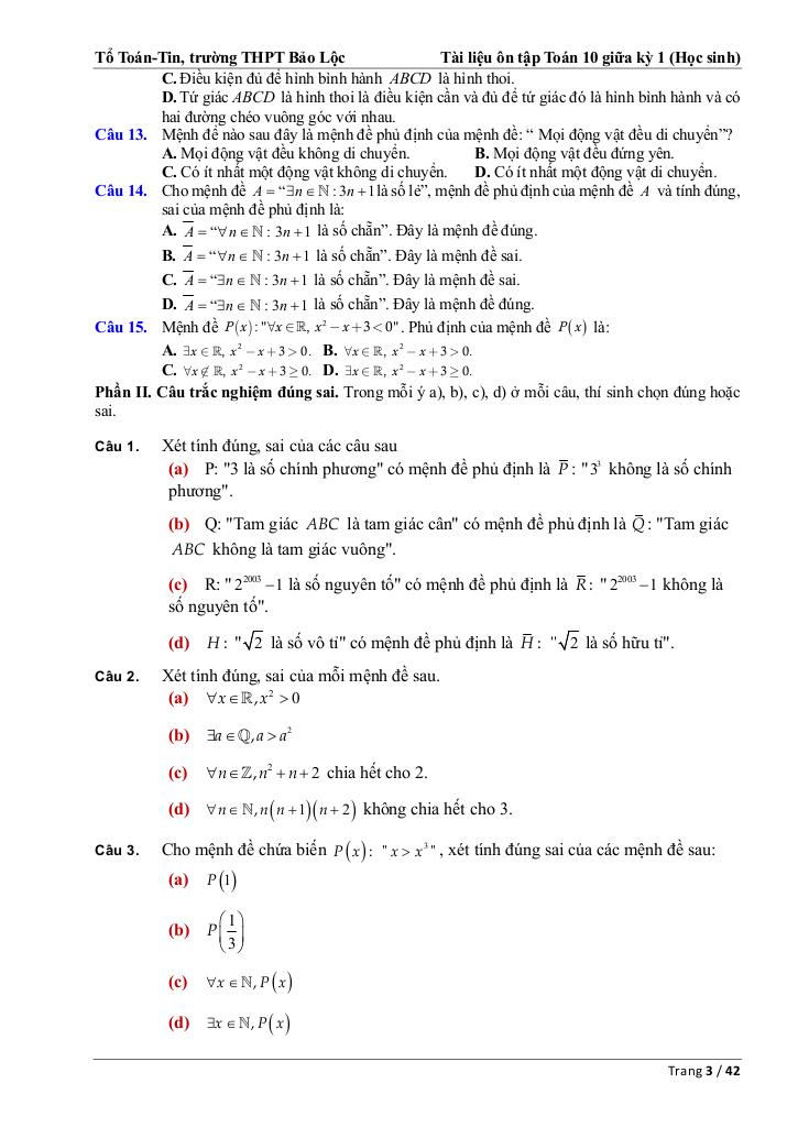 ôn tập toán 10 giữa kỳ 1 năm 2025 – 2026 trường thpt bảo lộc – lâm đồng 2