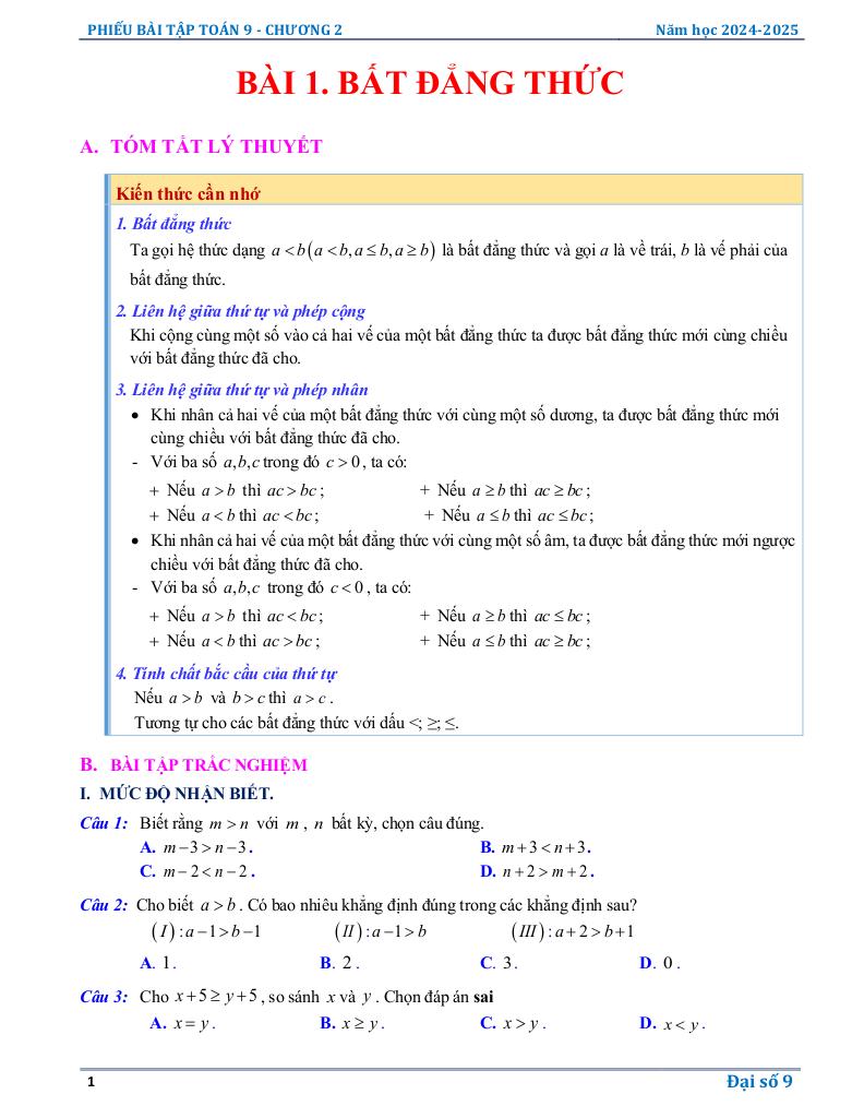 phiếu bài tập toán 9 chương bất đẳng thức, bất phương trình bậc nhất một ẩn 0