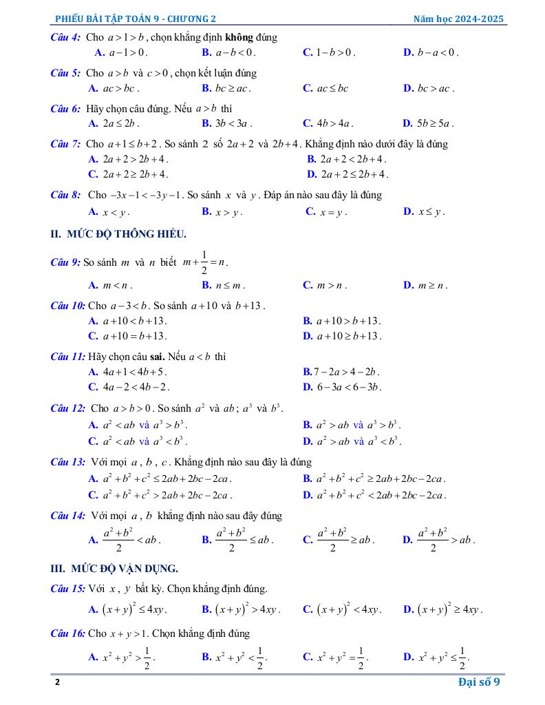 phiếu bài tập toán 9 chương bất đẳng thức, bất phương trình bậc nhất một ẩn 1