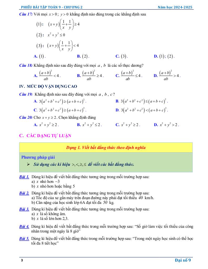 phiếu bài tập toán 9 chương bất đẳng thức, bất phương trình bậc nhất một ẩn 2