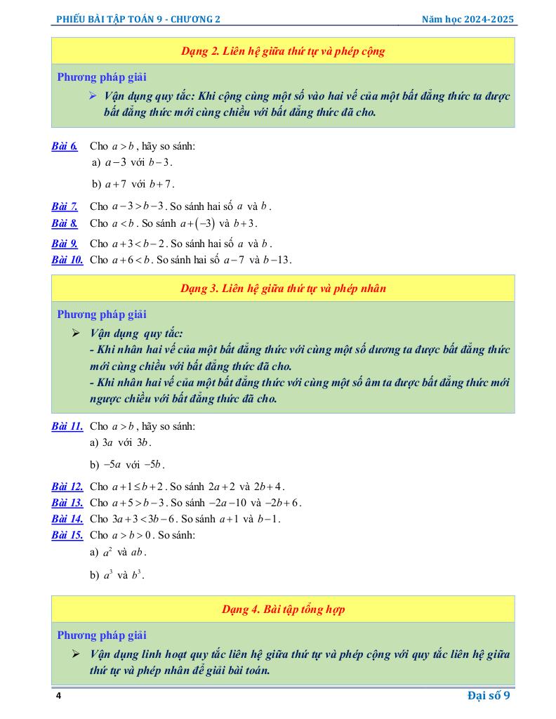 phiếu bài tập toán 9 chương bất đẳng thức, bất phương trình bậc nhất một ẩn 3