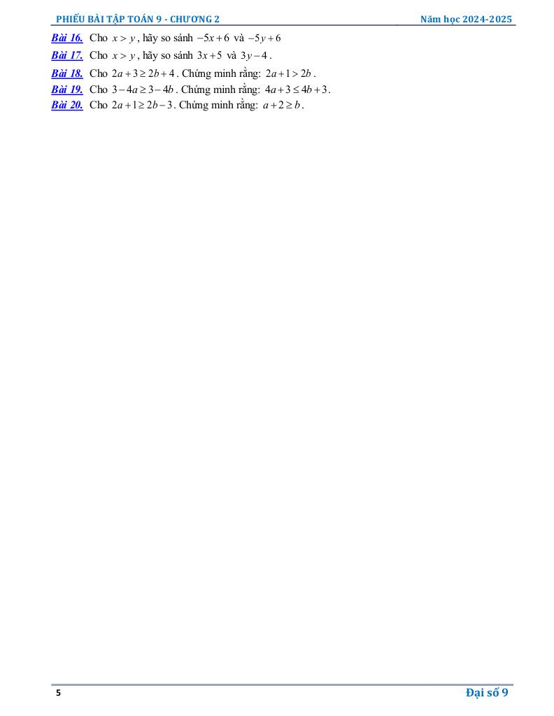phiếu bài tập toán 9 chương bất đẳng thức, bất phương trình bậc nhất một ẩn 4