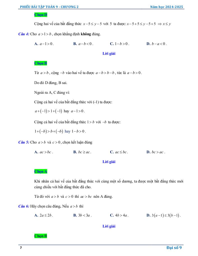 phiếu bài tập toán 9 chương bất đẳng thức, bất phương trình bậc nhất một ẩn 6
