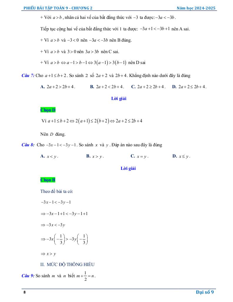 phiếu bài tập toán 9 chương bất đẳng thức, bất phương trình bậc nhất một ẩn 7
