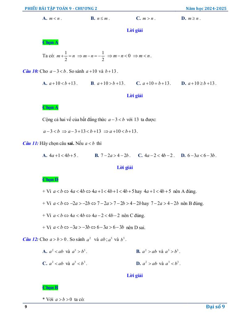 phiếu bài tập toán 9 chương bất đẳng thức, bất phương trình bậc nhất một ẩn 8
