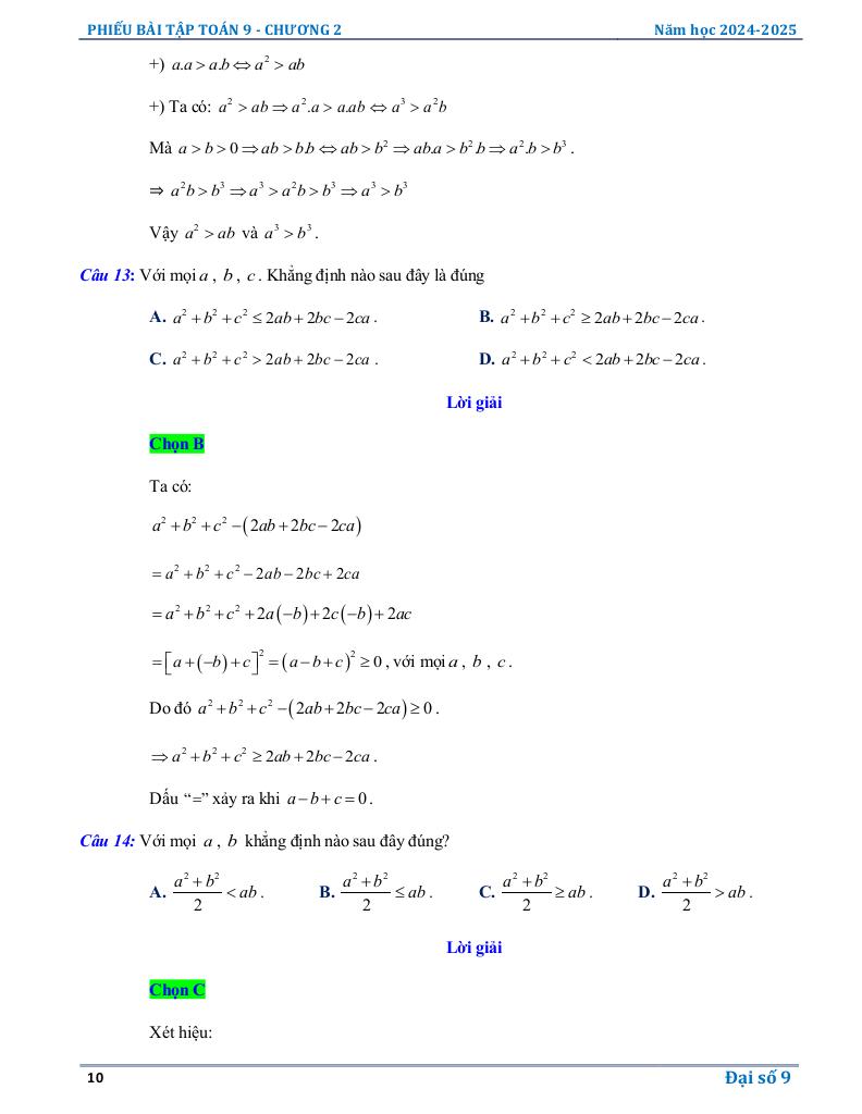 phiếu bài tập toán 9 chương bất đẳng thức, bất phương trình bậc nhất một ẩn 9