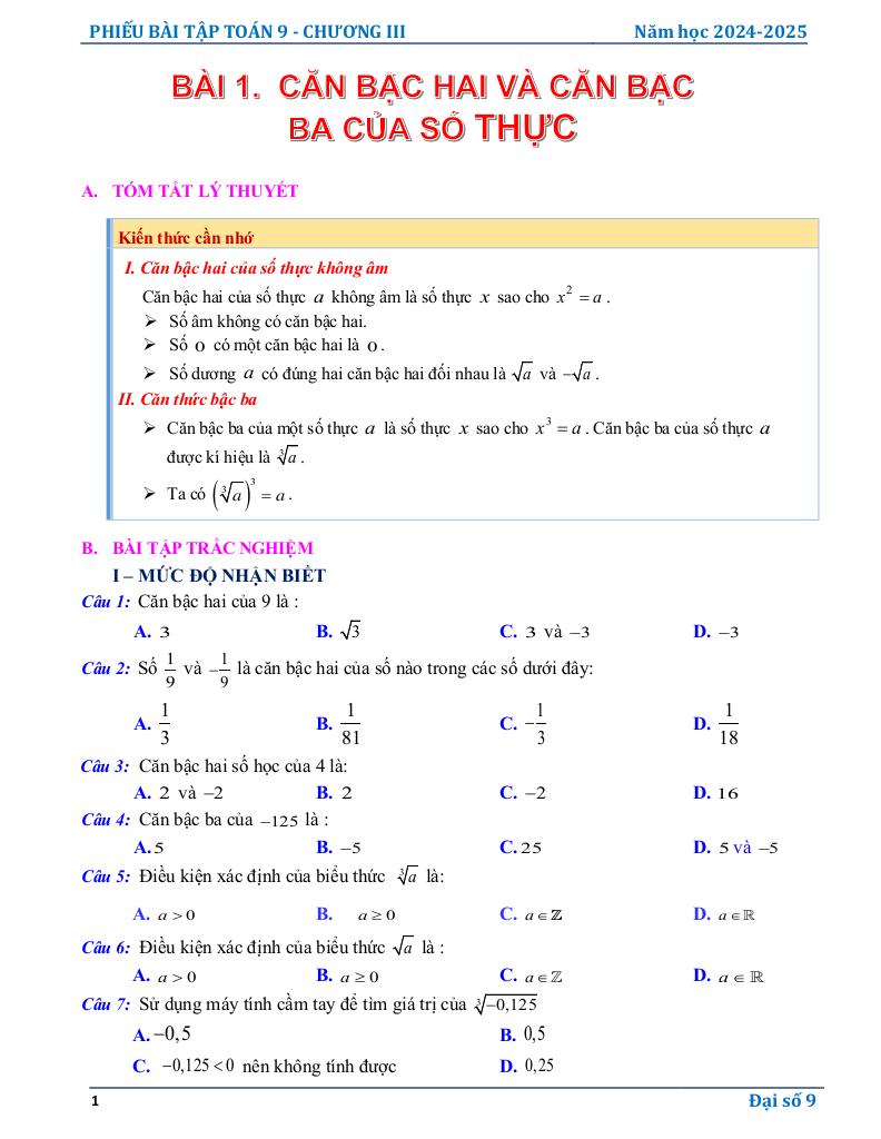 phiếu bài tập toán 9 chương căn thức 0