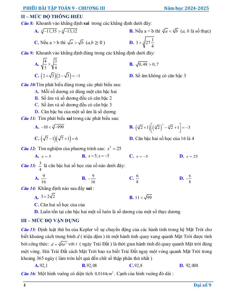 phiếu bài tập toán 9 chương căn thức 1