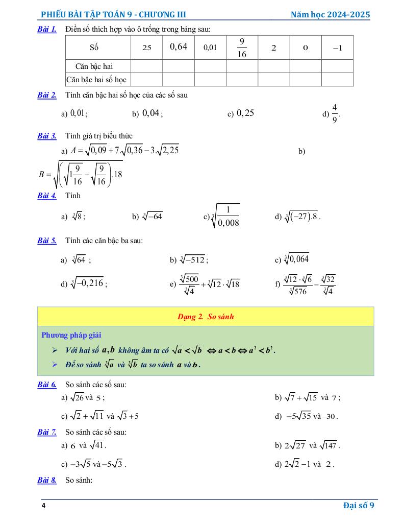phiếu bài tập toán 9 chương căn thức 3