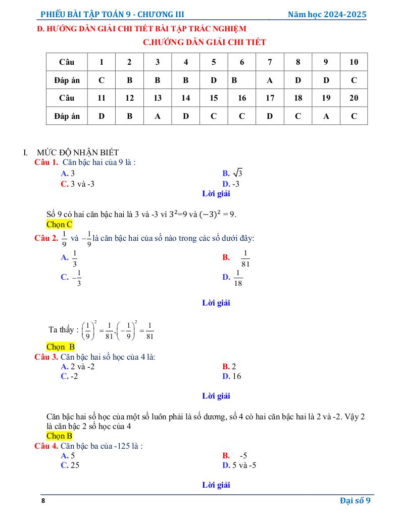 phiếu bài tập toán 9 chương căn thức 7