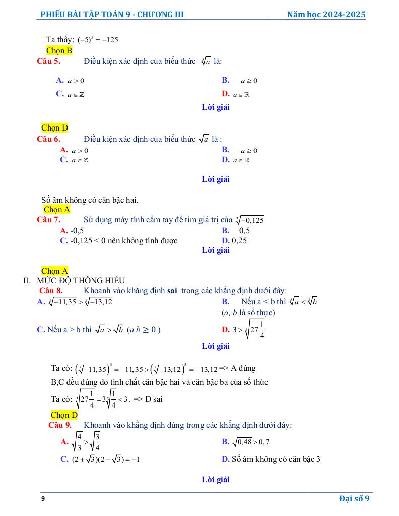 phiếu bài tập toán 9 chương căn thức 8