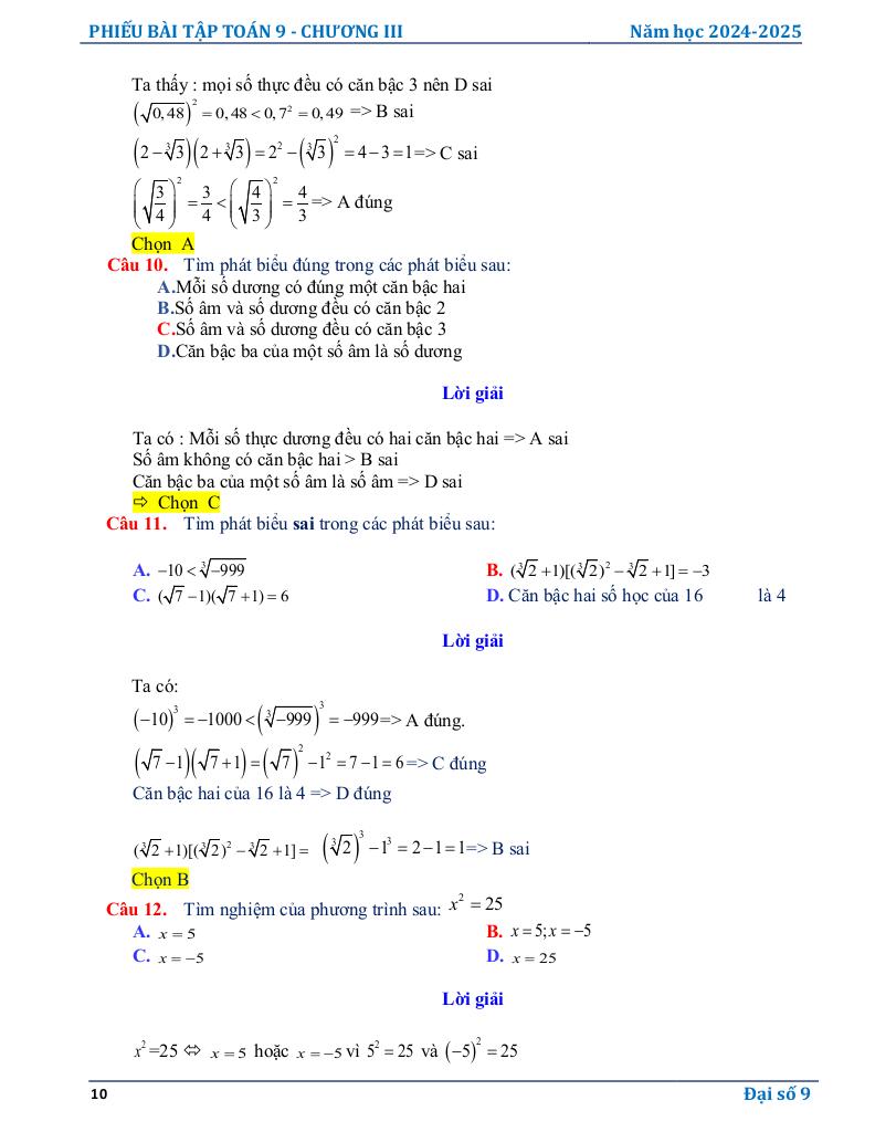 phiếu bài tập toán 9 chương căn thức 9