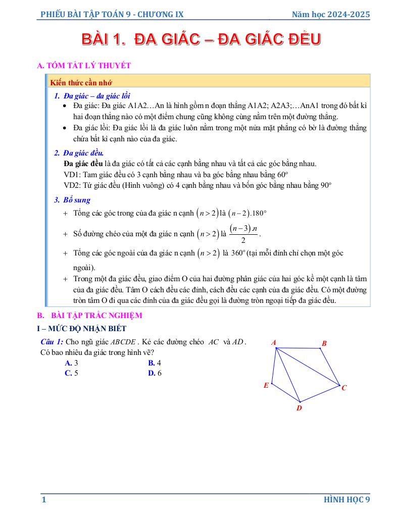 phiếu bài tập toán 9 chương đa giác đều 0