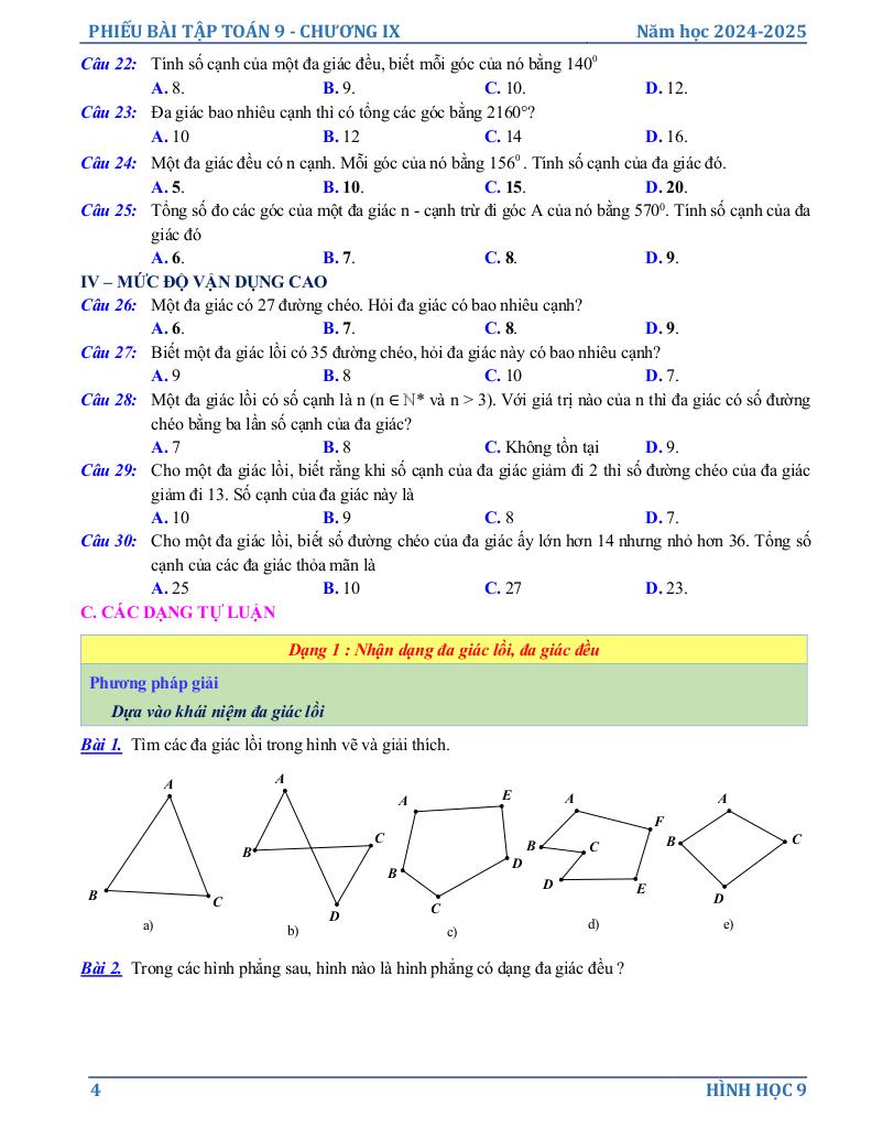 phiếu bài tập toán 9 chương đa giác đều 3
