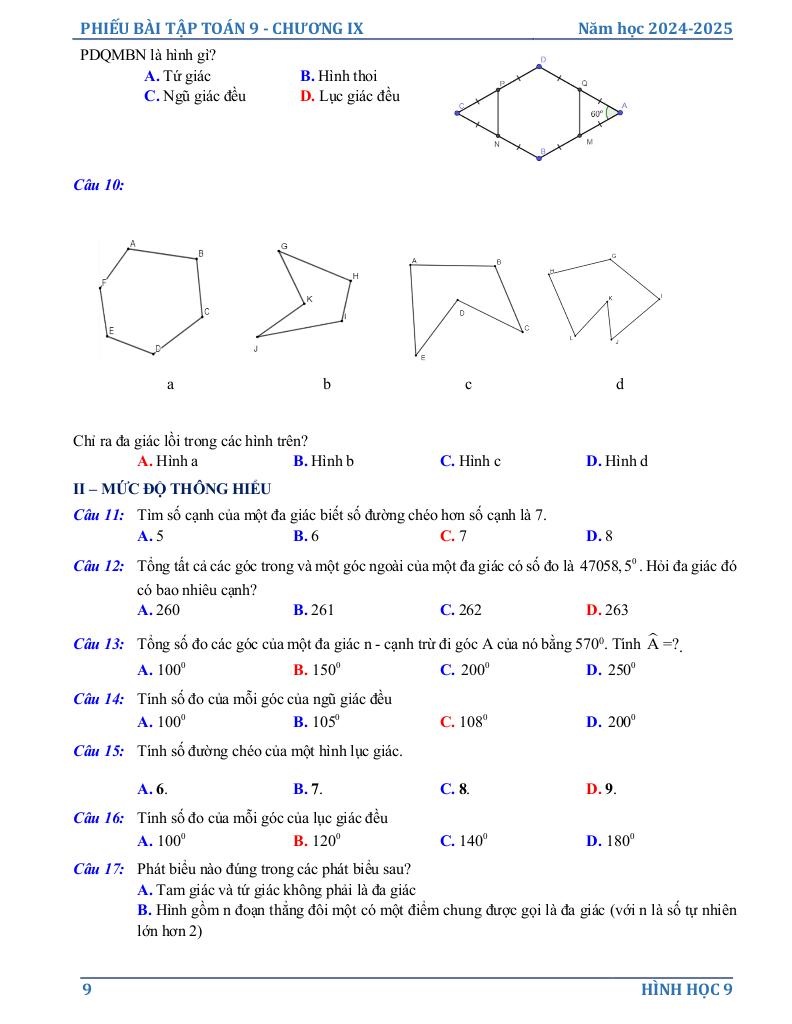 phiếu bài tập toán 9 chương đa giác đều 8