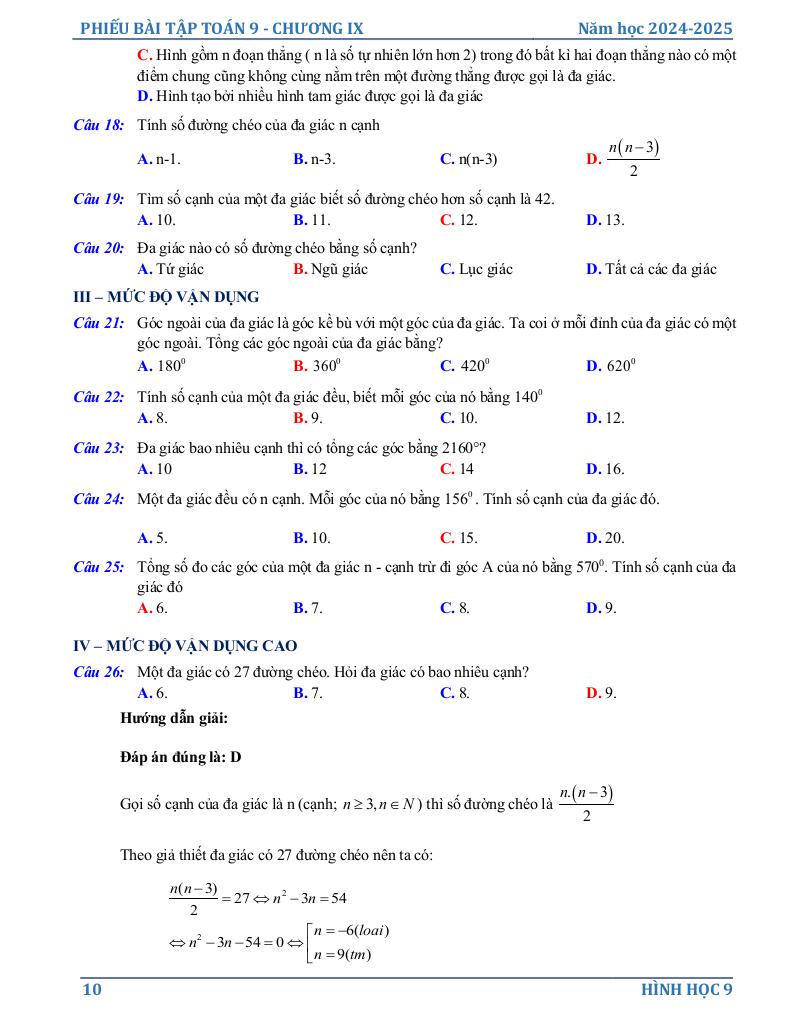 phiếu bài tập toán 9 chương đa giác đều 9