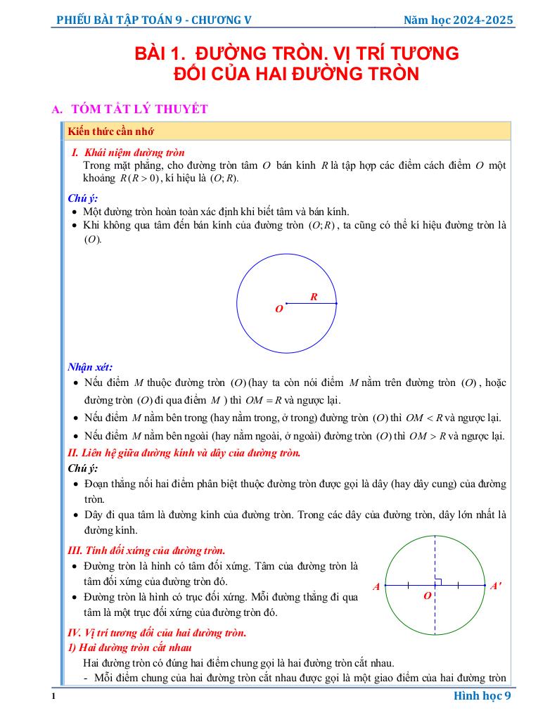 phiếu bài tập toán 9 chương đường tròn 0