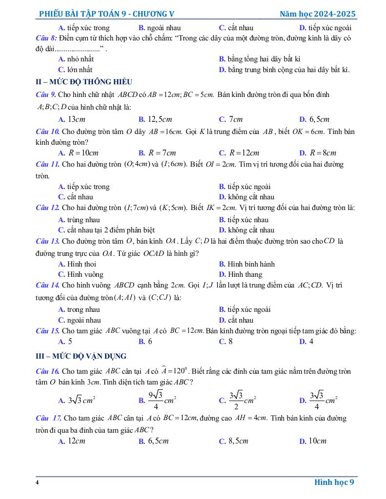phiếu bài tập toán 9 chương đường tròn 3