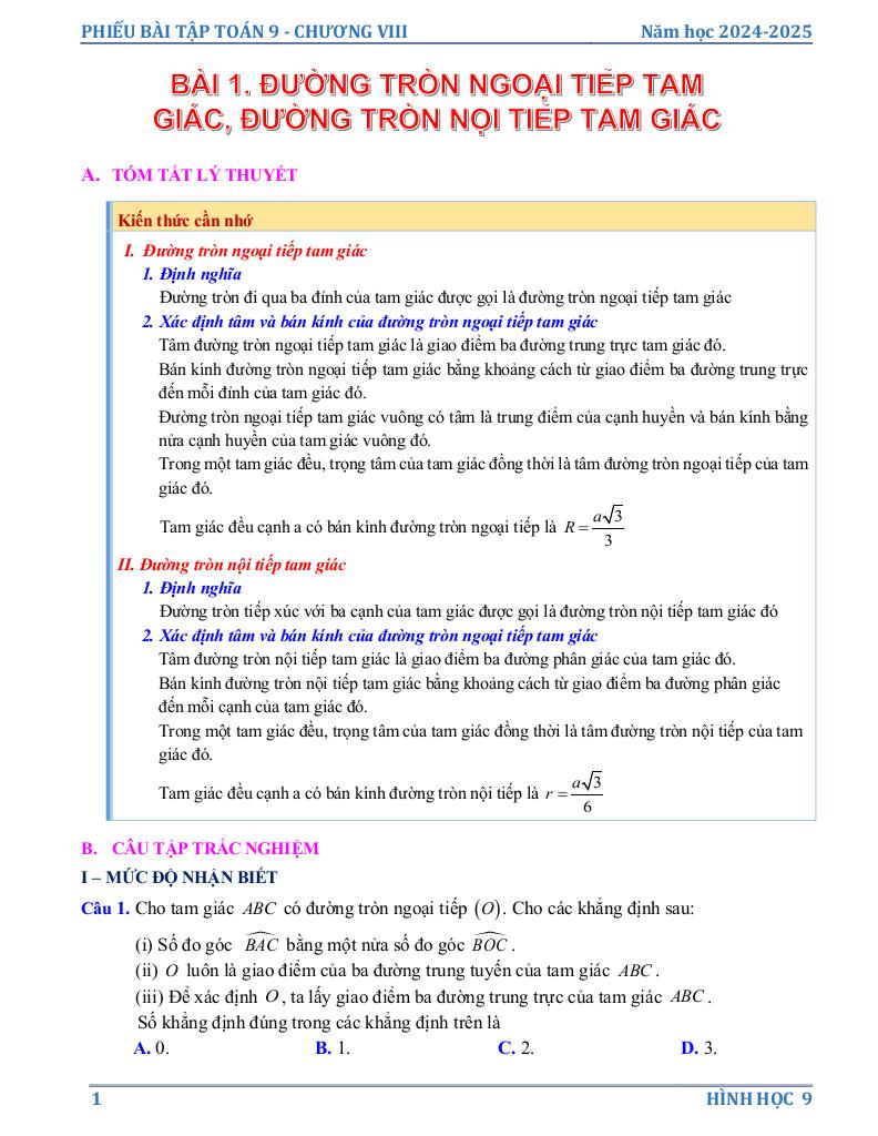 phiếu bài tập toán 9 chương đường tròn 10