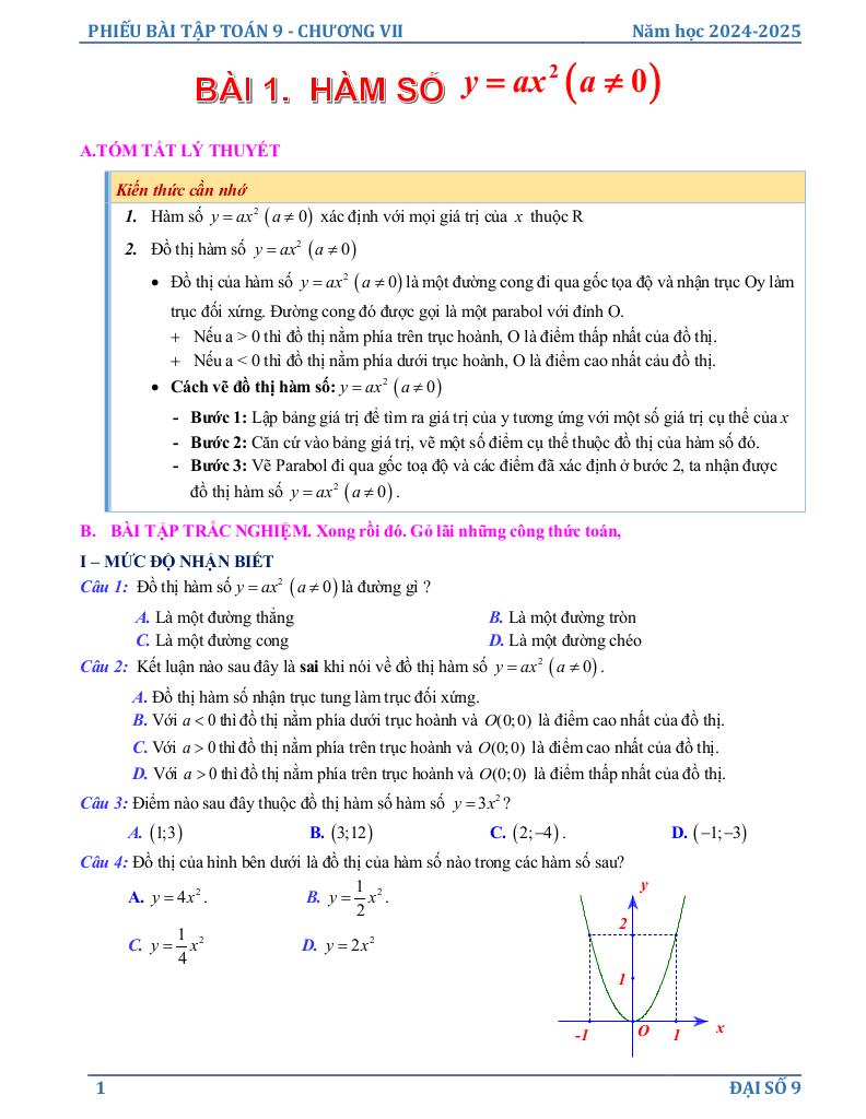 phiếu bài tập toán 9 chương hàm số y = ax2 (a ≠ 0), phương trình bậc hai một ẩn 0