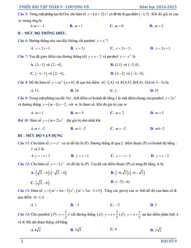 phiếu bài tập toán 9 chương hàm số y = ax2 (a ≠ 0), phương trình bậc hai một ẩn 1