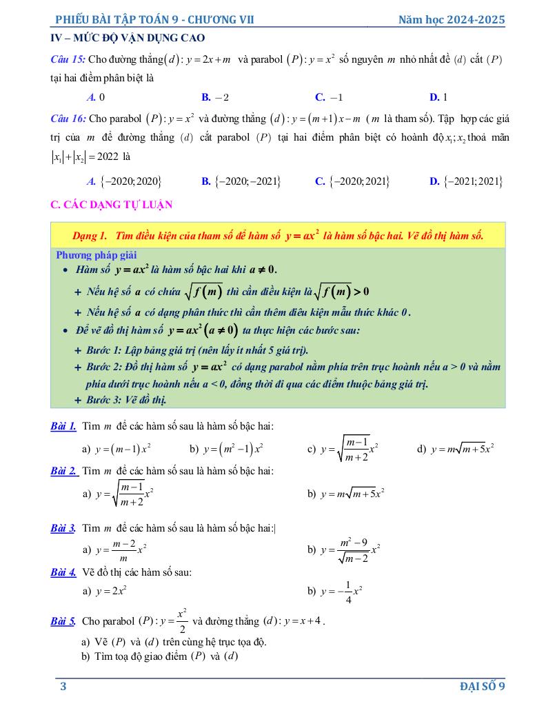 phiếu bài tập toán 9 chương hàm số y = ax2 (a ≠ 0), phương trình bậc hai một ẩn 2
