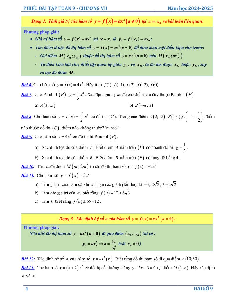 phiếu bài tập toán 9 chương hàm số y = ax2 (a ≠ 0), phương trình bậc hai một ẩn 3