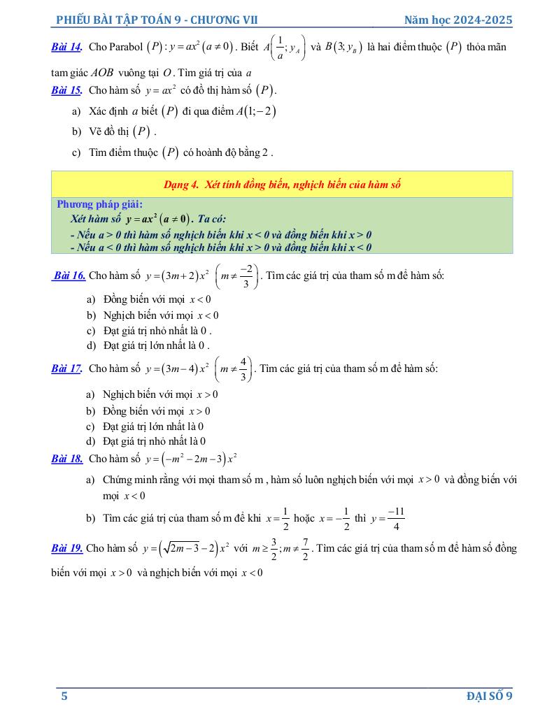 phiếu bài tập toán 9 chương hàm số y = ax2 (a ≠ 0), phương trình bậc hai một ẩn 4