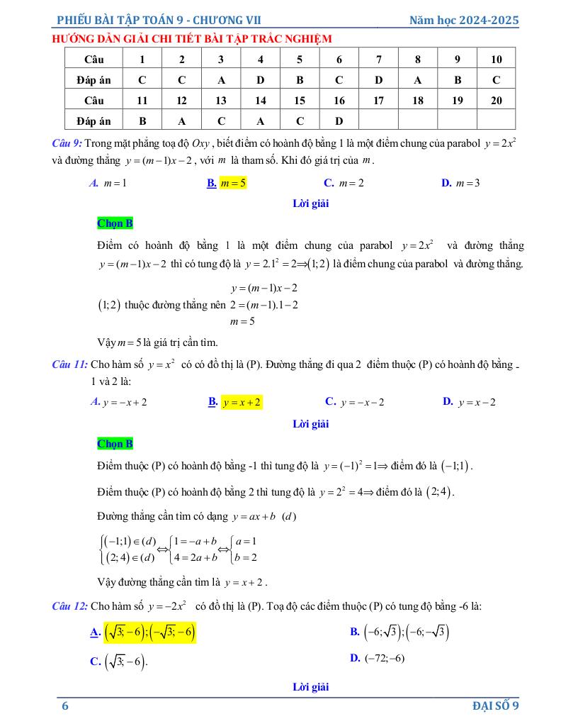 phiếu bài tập toán 9 chương hàm số y = ax2 (a ≠ 0), phương trình bậc hai một ẩn 5