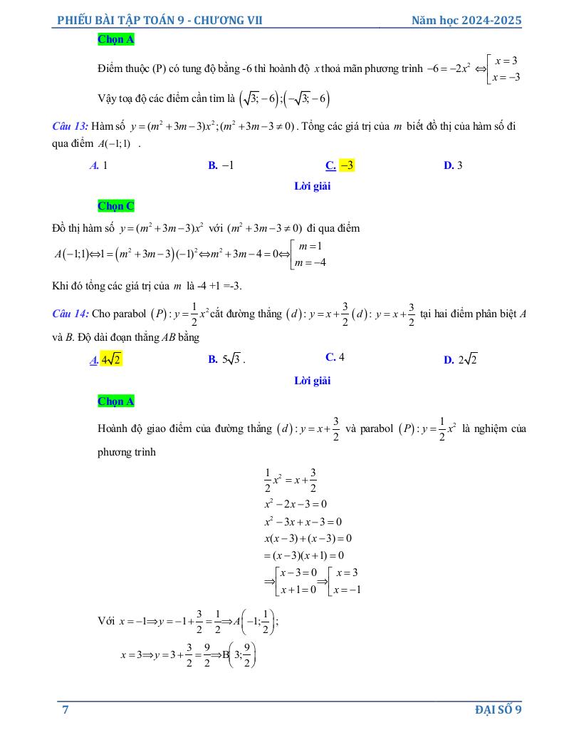 phiếu bài tập toán 9 chương hàm số y = ax2 (a ≠ 0), phương trình bậc hai một ẩn 6