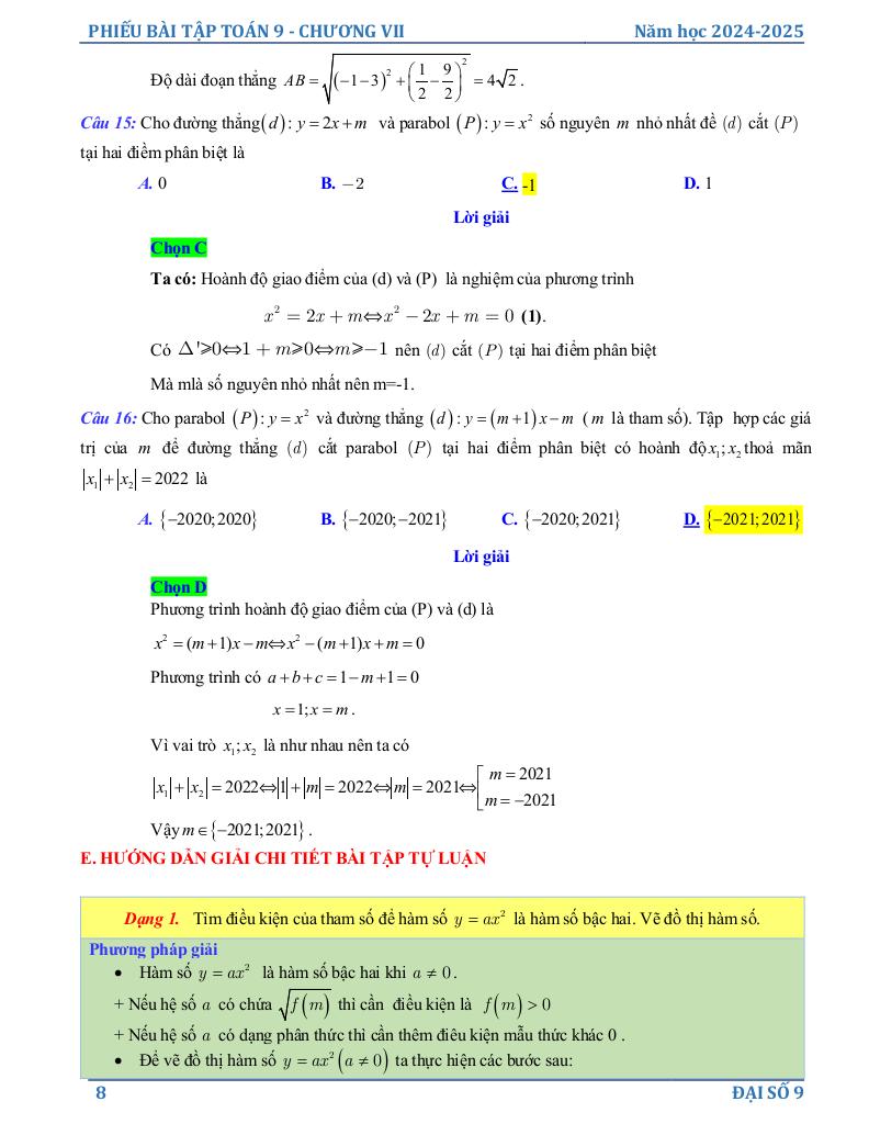 phiếu bài tập toán 9 chương hàm số y = ax2 (a ≠ 0), phương trình bậc hai một ẩn 7