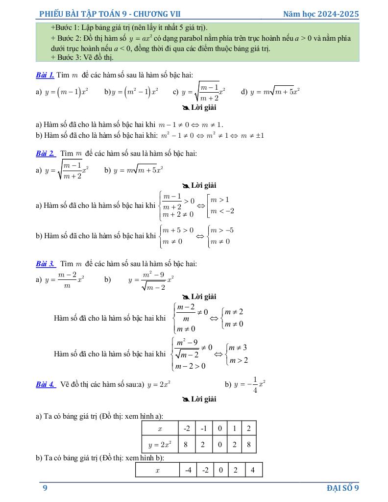 phiếu bài tập toán 9 chương hàm số y = ax2 (a ≠ 0), phương trình bậc hai một ẩn 8