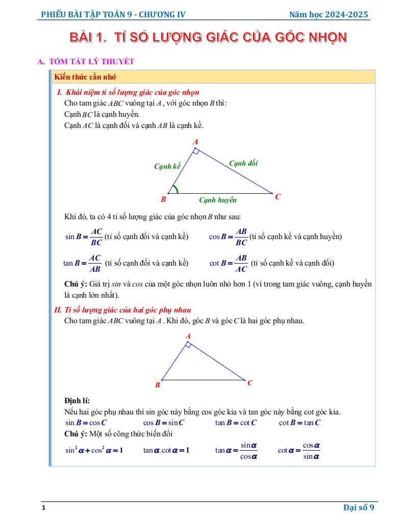 phiếu bài tập toán 9 chương hệ thức lượng trong tam giác vuông 0