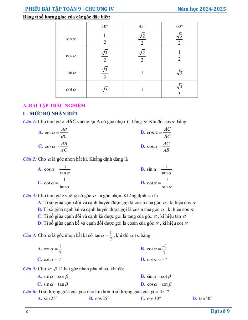 phiếu bài tập toán 9 chương hệ thức lượng trong tam giác vuông 1