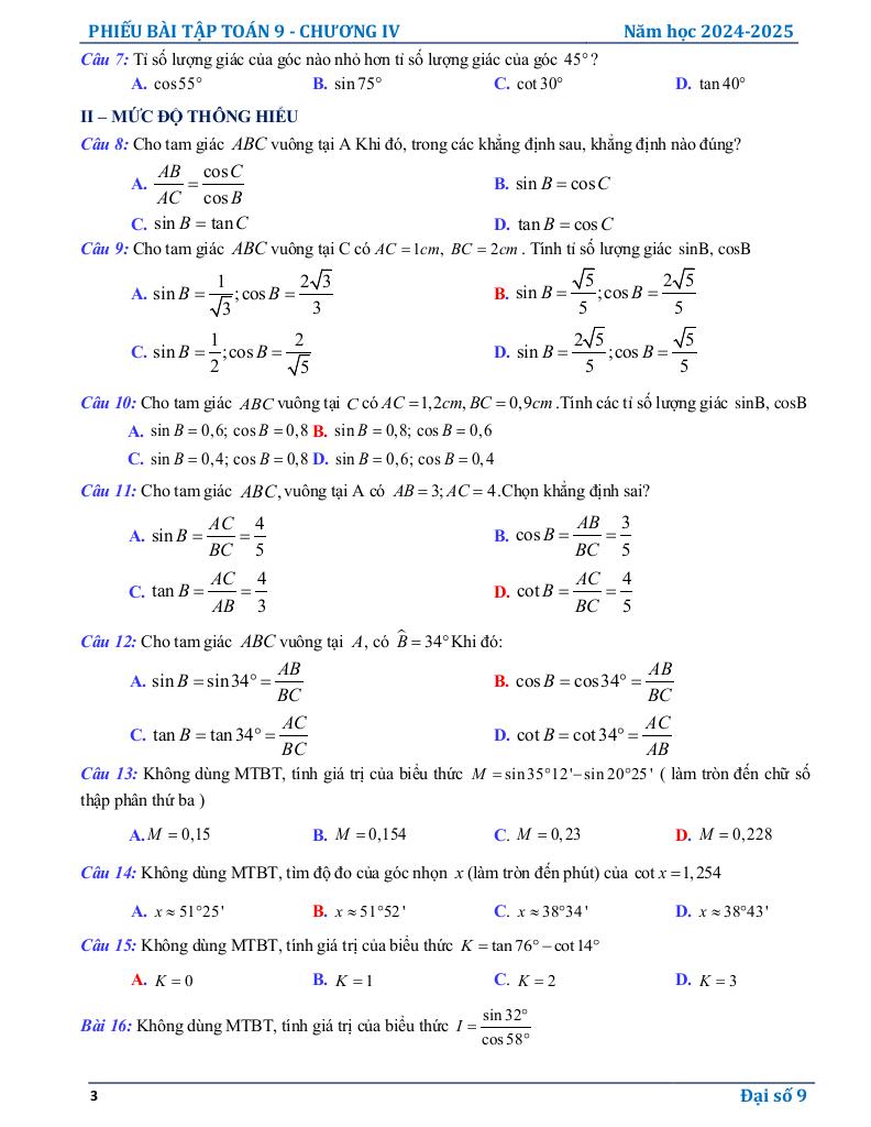 phiếu bài tập toán 9 chương hệ thức lượng trong tam giác vuông 2