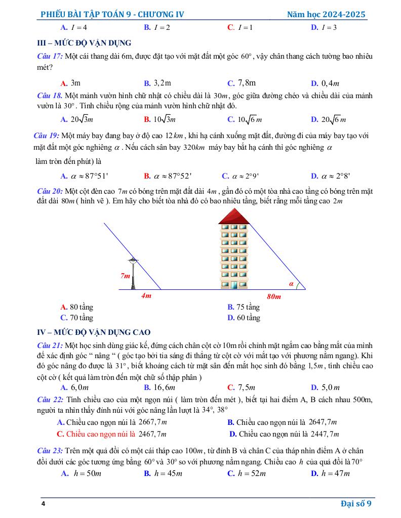 phiếu bài tập toán 9 chương hệ thức lượng trong tam giác vuông 3